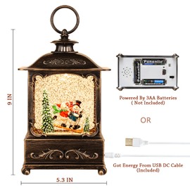 Christmas Snow Globe Lantern Christmas Decorations Water Glittering Lanterns with Music & Timer, USB Lined/Battery Operated Lighted Lantern for Christmas Festival Decoration Gifts (Skiing Snowman)