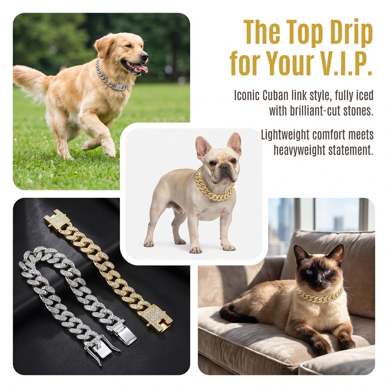 Cat Chain Collar with Diamond Rhinestones, 2PCS Cuban Link Pet