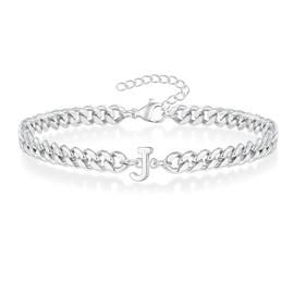 Bracelets for Mens Gifts, Mens Silver Bracelet Cuban Link Bracelets for Mens Chain Bracelet Letter J Initial Silver Bracelet for Men Silver Chain Bracelet for Mens Simple Jewelry Mens Bracelets Gifts