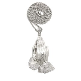 NYFASHION101 Stone Stud Sleeve Praying Hands Pendant with 2mm Rope Chain Necklace, Silver-Tone, 18"