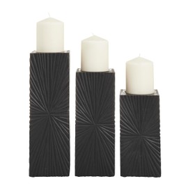 CosmoLiving by Cosmopolitan Wood Geometric Carved Pillar Candle Holder, Set of 3 12", 10", 8"H, Black