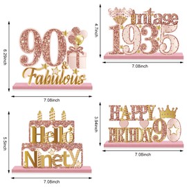 Yatufom 4 Pieces 90th Birthday Decorations Wooden Vintage 1935 Table Centerpieces for Women, Pink Rose Gold Cheers to 90 Years Table Sign Party Supplies, Hello 90 Years Old Bday Table Decor