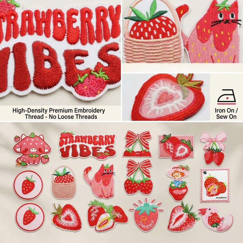 20Pcs Strawberry Iron on Patches Applique Cute Fruit Decorative Embroidered