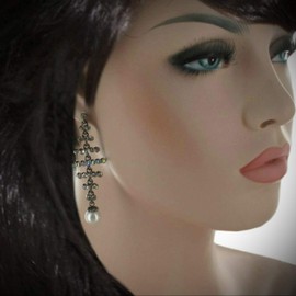 Rhinestone Embellished Dangle Drop Pierced Earrings For Women Statement Chunky Crystal Fashion Jewelry White Faux Pearl 2 3/4"