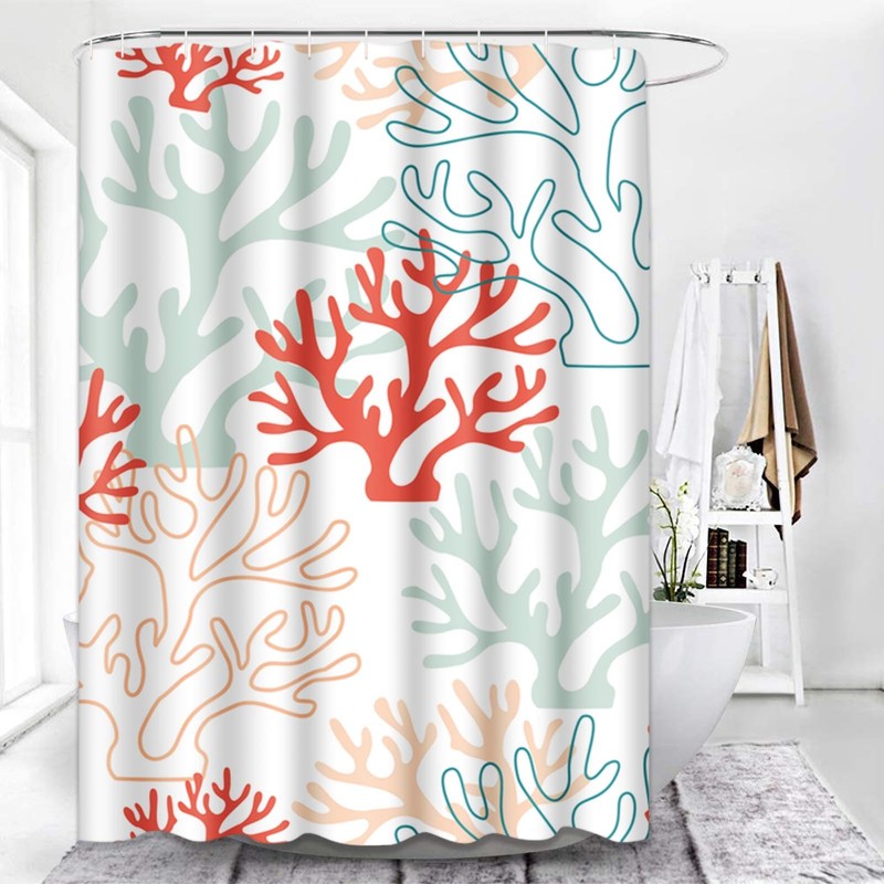 TOMPOP Shower Curtain Pattern Red Pink and Mint Corals Tropical