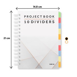 VABE UK Project Notebook - A5 Notebook with 10 Dividers, 300 Pages Project Book (150 Sheets) - 100gsm Lined Notebook Paper - Thick Matte Laminated Cover - a5 Note pad - (1, White)