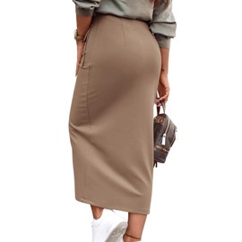 KIRUNDO Womens Midi Skirt 2025 Spring Summer High Waist Business Casual Work Office High Slit Pencil Cargo Skirt with Pockets(Light Khaki, X-Large)