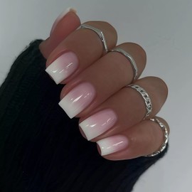 24PCS Gradient French Tip Press on Nails Medium Square Fake Nails with Natural Ombre Design False Nails Gradient White Glossy Acrylic Glue on Nails for Women Manicure