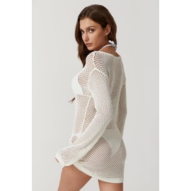 QINSEN - Traje de baño de ganchillo para mujer, cuello barco, malla de punto, traje de playa, trajes de natación para día festivo, Beige, M