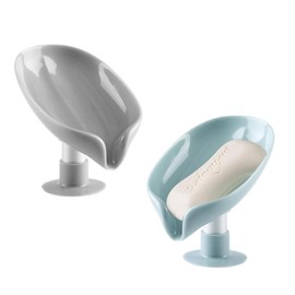 Paquete de 2 soportes de jabón autodrenante en forma de hoja, ventosa fuerte, sin broca, soporte de esponja de secado rápido para baño, ducha, fregade