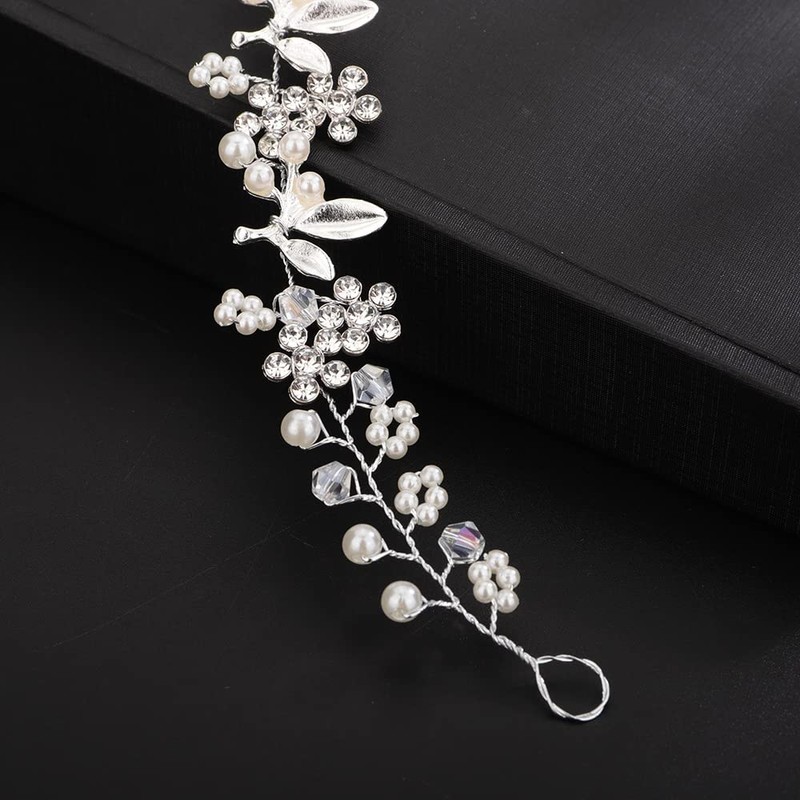 Teyglen Bridal Wedding Flower Leaf Headband Hair Vine Silver Crystal