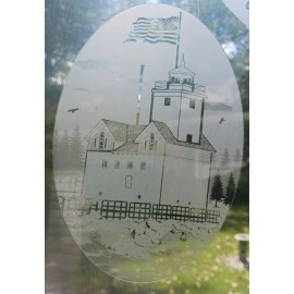 Vinyl Etchings Holland Harbor Lighthouse Decal 4"x6" OVAL Etched Look Cling Removable&Reus
