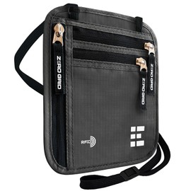 Neck Wallet for Travel & Passport Holder with RFID Blocking - Slim & Easy to Conceal Nylon Travel Pouch for men & women - Holds Phone, Cash, Cards, Keys - Sweat & Water Resistant - Large - Dark Grey