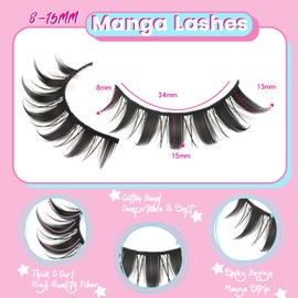 Fyonas Manga Lashes Spiky False Eyelashes Anime Fake Eyelashes Natural Look 8-15mm Volume Lashes Wet Look 8 Pairs Lash Kit with Lash Glue and Tweezers (Anime)
