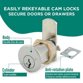 Olympus Lock DCN4 Rekeyable Cam Locks | 1-3/4" Cylinder KD Key Lock, Keyed Different | US26D Chrome Cabinet Locks | Grade 1 Cam Lock | Reversible Cam Lock for Doors & Drawer Lock