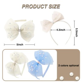 2 Pcs Pearl Bow Headbands for Girls, Elegant Lace Veil Headband with Bows (White,Blue)