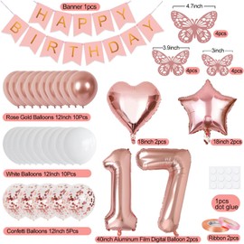17th Birthday Decorations for Girls, Rose Gold 40 Inch Number 17 Foil Birthday Balloons with Happy Birthday Banner and Butterfly Stickers