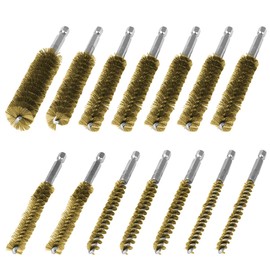 MOCNT Pack of 14 Brass Wire Brush Cylinder Hole Brush Pipe Cleaning Brush 1/4 Inch Hex Bar Borehole Brush Boiler Brush Stove Pipe Brush Drill Polishing