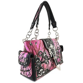 Justin West Western Brown Purse Tooled Laser Cut Floral Design Studs Rhinestone Buckle Concealed Carry Handbag Trifold Wristlet Cross Body Strap Wallet Set (Pink)