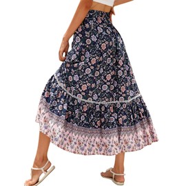Women Casual Boho Long Skirt Vintage Floral Print Bohemian Style Half Dress Elastic Waist Flowy Swing Midi Skirt Summer Spring (Navy, XL)