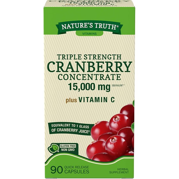 Nature's Truth Triple Strength Cranberry Concentrate 15000 mg Plus Vitamin C Capsules, 90 Count