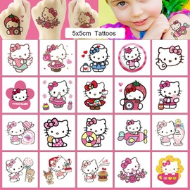 20pcs Hellokitty Kawaii Temporary Tattoos for Kids, Sanrio Birthday Party Favors, Cute Cartoon Decoration Sticker Gifts for Girl Boys Home Activity Class Prizes Carnival Christmas Rewards