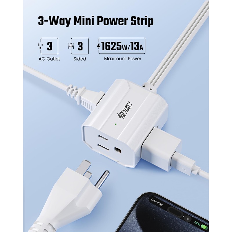 Extension Cord 6ft SUPERDANNY Mini Power Strip Ultra Right Angled