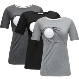 Bearsland Women's 3 Packs Maternity Nursing Tops Short Sleeve Breastfeeding Shirts,Dark Gray+Black+Gray,XXL