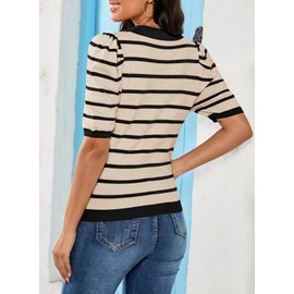 Dokotoo Womens Tops Casual Spring Summer 2024 Collared T Shirts V Neck Blouse Dressy Puff Short Sleeve Shirts Knit Tops Apricot Black Stripes Shirts for Women Business Casual Polo Shirts Stripe XL