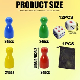 Set of 150 Toy Figures, 96 Colourful Halma Gel Wooden Toy Figures, 25 x 12 mm and 12 Wooden Dice with Bag for Storage, Toy Figures for Board Games, Red, Yellow, Blue, Green