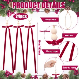 Arrowbash 24 Pcs Burgundy Velvet Bow with Wooden Beads Large Christmas Velvet Bow with Bead Ornaments Hanging Decor Vintage Xmas Ornaments for Trees Wreaths, Gifts Home Garland Decor