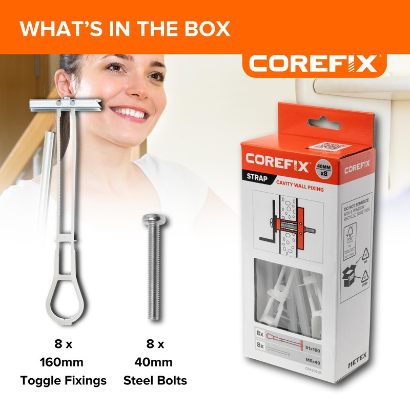 Corefix Strap Cavity Wall Fixing 8 Pack (M5x40mm), Heavy Duty