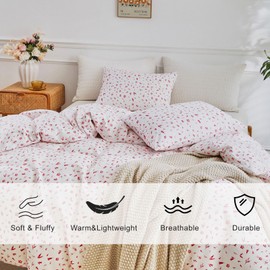 EAVD Garden Style Floral Comforter Set King White Soft Fluffy Microfiber Bedding Set Chic Cute Red Floral Bedding Comforter Set with 2 Pillowcases Vintage Botanical Comforter Set for All-Season