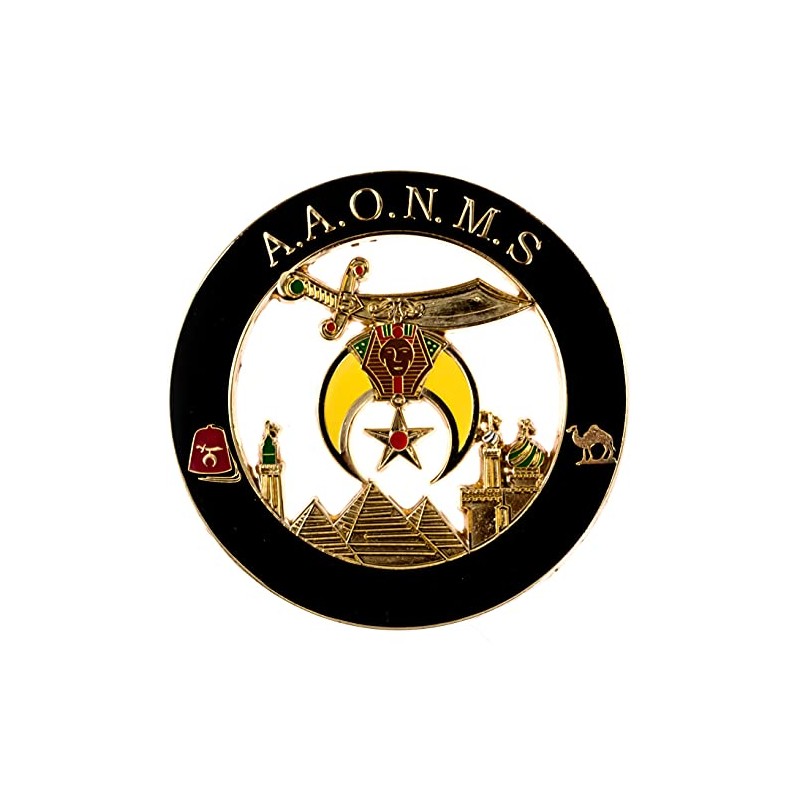 Shriner AAONMS Round Masonic Auto Emblem - [Black & Gold][3''