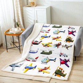 Loussiesd Cute Aircraft Sherpa Blanket Boys Children Kids Fighter Flight Helicopter Plush Blanket Various Airplane Fleece Throw Blanket Cartoon Aviation Fuzzy Blanket for Sofa Bed,Single 50x60 Inch