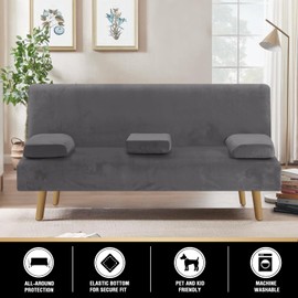 2024 New Model Velvet Futon Covers Updated Style 4 Pieces Futon Couch Cover Futon Sofa Cover Futon Bed Cover Removable Armrests and Cupholders Covers Furniture Protector, Machine Washable, Grey