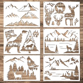 Pack of 6 Mountain Stencils for Painting on Wood, Wall Design, Reusable Wood Burning Stencils, Wild Animal Deer Template Forest Pattern Stencils for Wall Drawings, Fabric, Canvas, Crafts, Graffiti