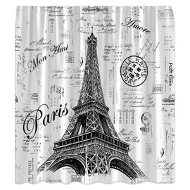 KDYDK Eiffel Tower Shower Curtain Retro Hand-Painted Postmar Seal France Romantic European Paris City Architectural Cultural 70" L x 70" W Bathroom Decor Curtain Set with Hook