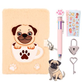 French bulldog Diary with Lock,Fluffy Dog Diary for 6 7 8 Year Old Girl,Kids Journal Notebook Gift Set with Multicolored Pen,Plush Secret Diary Lined 160 Pages,Christmas Birthday Gift Set for Kids