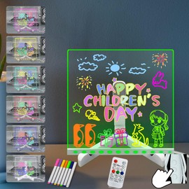 Acrylic LED Message Board with 7 Color Pen 7.95 * 7.83Inch Clear Illuminated Wordpad LED Drawing Board with Remote Control Dry Erase Board with Stand for Kids Home School Office Bedside Lamp