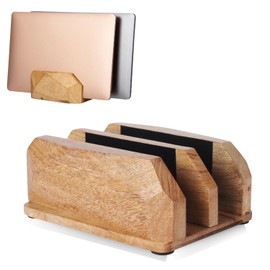 DnU Avenue Width Adjustable Vertical Laptop Stand for Desk, Laptop Holder to Dock MacBook, MacBook Pro and Other Laptops, Versatile Vertical Laptop Docking Solutions - Mango Wood