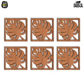 GKD Wooden Coasters for Drink, Leaf Cutwork Square MDF Coaster Set of 6 with Stand, 3.8" Eco-Friendly Absorbent Coasters for for Coffee Table, Bar, Drinking Glasses, Tabletop Protection