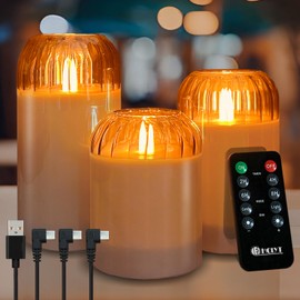 LEDHOLYT Rechargeable Flameless Candle, Flashing LED Pillar Real Wax Candle with Remote Control and Timer, Gray Pumpkin Glass Electronic Candles for Room Decoration, 1 Set of 3