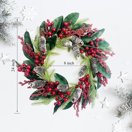 Huashen Winter Front Door Wreath 24 Inch Winter Wreaths for Front Door with Pine Cones and Red Berries, PU Magnolia Christmas Wreaths Perfect for Indoor or Outdoor Decor Thanksgiving Décor