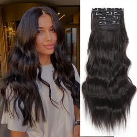 YDDM Clip-In Hair Extensions Natural Black Wavy Hair Extensions Full Head Like Real Hair Hair Extensions Clips Cheap Clip Extensions Synthetic Hairpiece for Women (24 Inches, 4 Pieces)