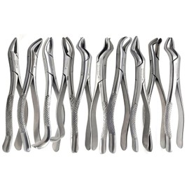 A2Z Premium Grade Set of 10 Dental Extracting Extraction Forceps with Serrated Jaws Used to Extract Upper Lower Right Left 1st 2nd Molars from The Alveolar Bone, Made of Stainless Steel