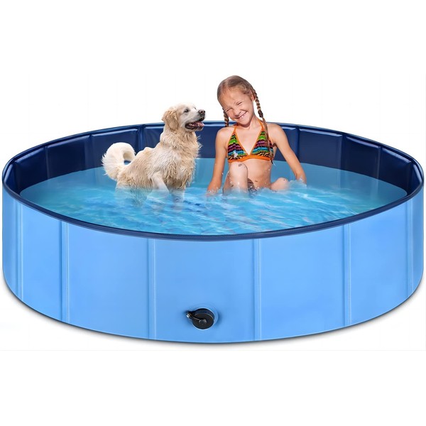 Jecoo Dog Pool for Large Dogs 63"x12" Kiddie Pool Hard Plastic Foldable Dog Bathing Tub Portable Outside Kids Swimming Pool for Pets and Dogs