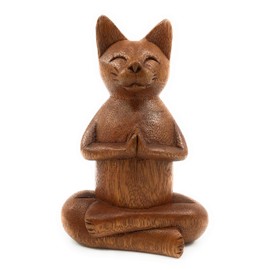 Ruth + Wilde Namaste Cat - Hand Carved Wood from Bali - Yoga Buddha Zen Cat