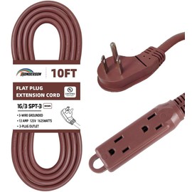HONDERSON 3-Outlets Flat Plug Indoor Extension Cord Outlet Extender, UL Listed, 16 Gauge 10FT Brown 3 Prong Heavy Duty Extension Cord Multiple Outlets, 16/3 SJTW 13A Flat Plug Power Strip