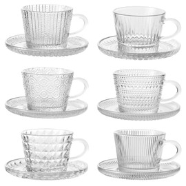 GURUDAR Glass Espresso Shot Cups with Saucers Set of 6, Clear Small Demitasse Cup with Stainless Steel Spoons, Dishwasher Safe Coffee Mugs for Tea Hot Chocolate Cappuccino, 5OZ/150ML, Mix
